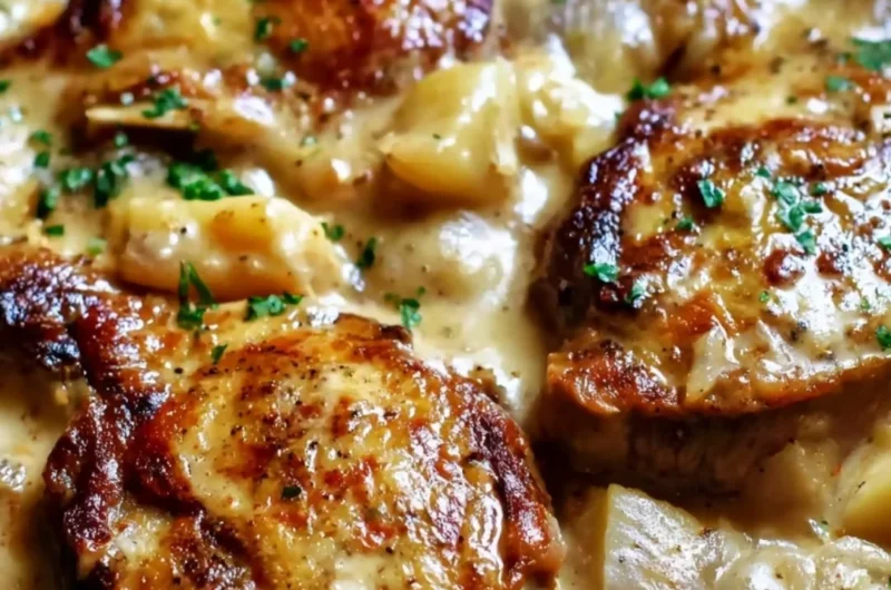 Smothered pork chop and scalloped potato casserole dish ready to serve.