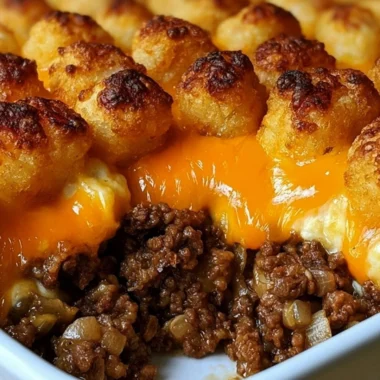 Tater Tot Casserole with Ground Beef fresh out of the oven, topped with cheese and herbs.
