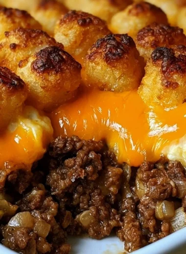 Tater Tot Casserole with Ground Beef fresh out of the oven, topped with cheese and herbs.