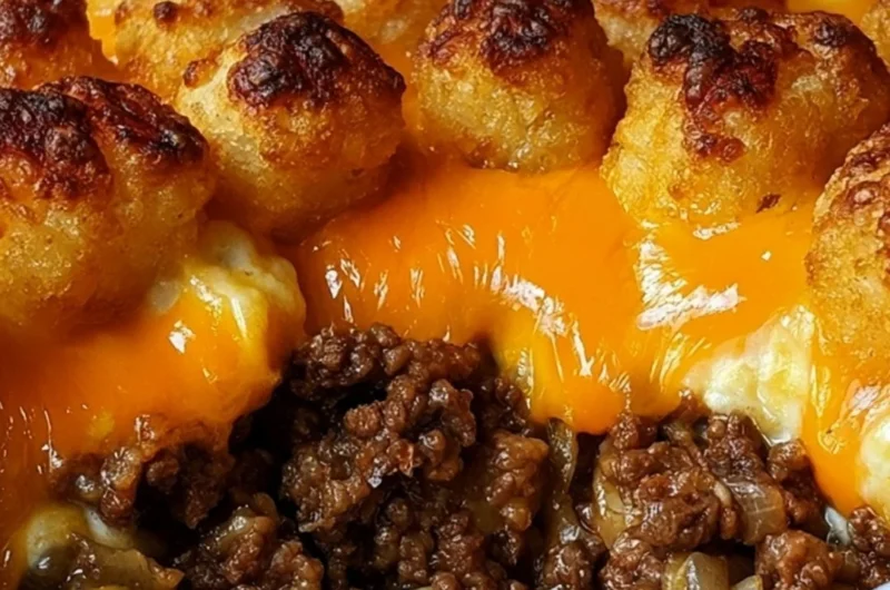 Tater Tot Casserole with Ground Beef fresh out of the oven, topped with cheese and herbs.