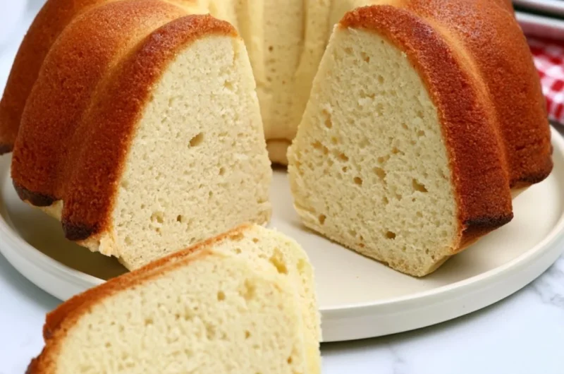 Slice of Million Dollar Pound Cake on a plate, showcasing its moist texture and rich flavor