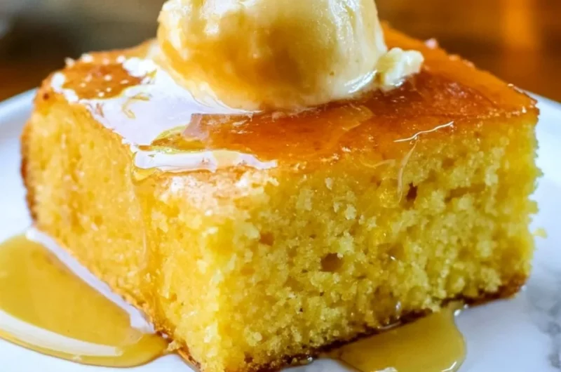 Deliciously moist cornbread served with butter and honey