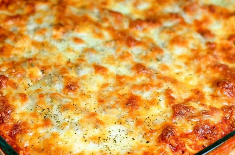 Delicious Ultimate Baked Spaghetti served in a bowl with melted cheese.