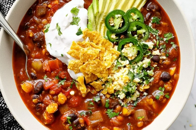 Bowl of Vegan Black Bean Chili garnished with cilantro and served with lime wedges