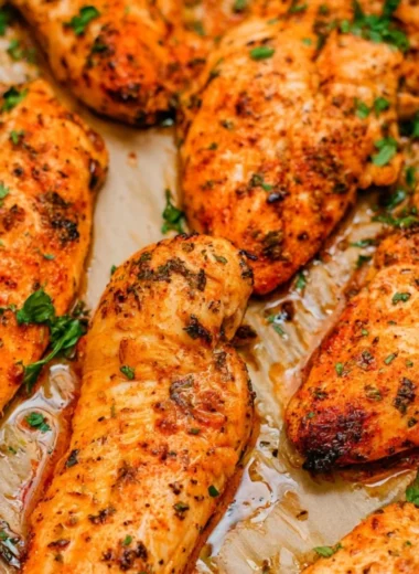 Crispy and golden oven baked chicken tenders served with dipping sauce.