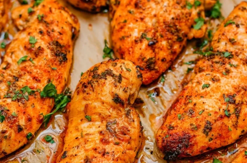 Crispy and golden oven baked chicken tenders served with dipping sauce.