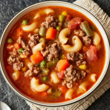 A warm bowl of Busy Day Soup with fresh vegetables and herbs.
