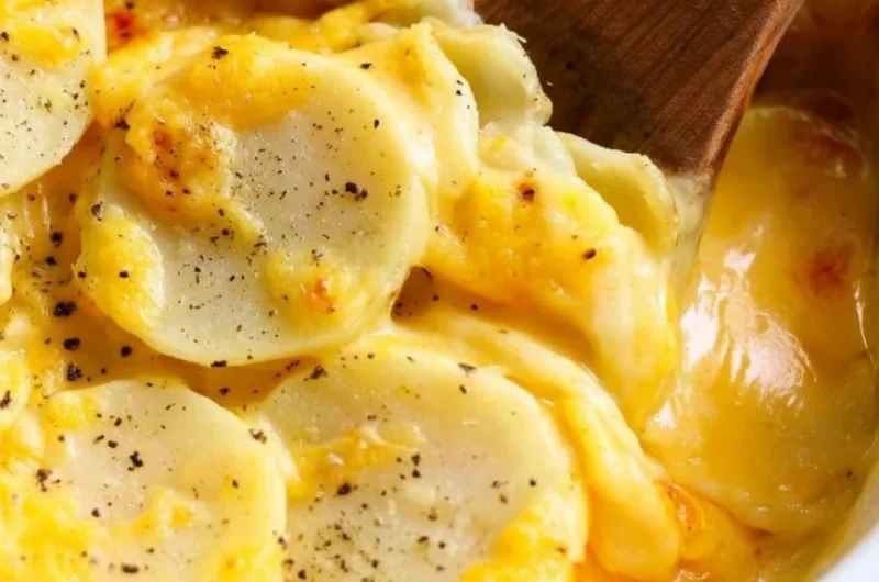 Deliciously baked scalloped potatoes in a creamy sauce, perfect for dinner.