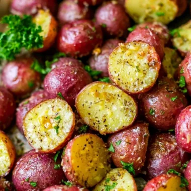 Crispy roasted red potatoes garnished with herbs and spices on a serving plate.