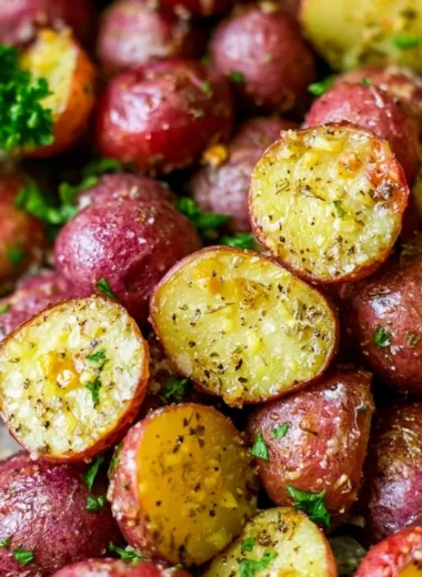Crispy roasted red potatoes garnished with herbs and spices on a serving plate.