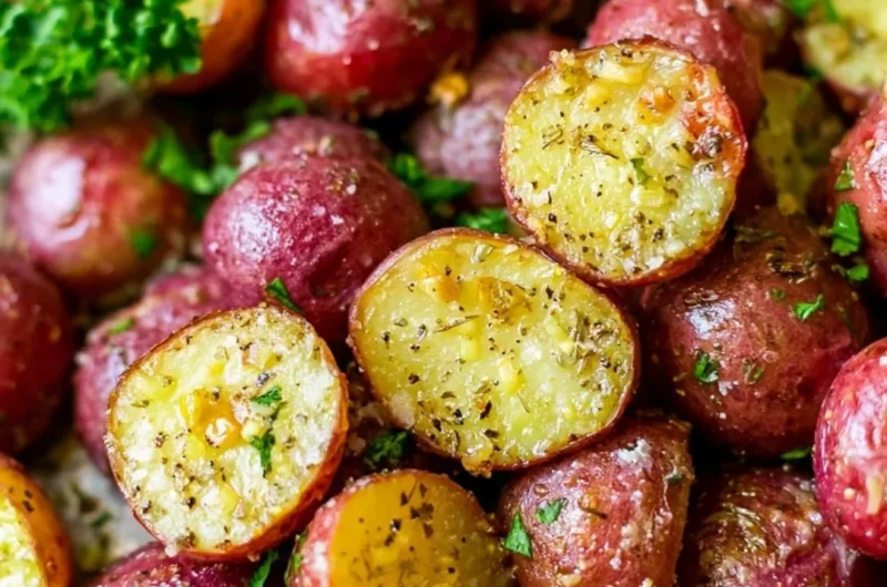 Crispy roasted red potatoes garnished with herbs and spices on a serving plate.