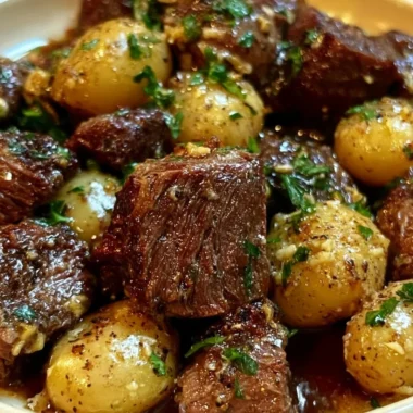 Slow cooker garlic butter beef bites with potatoes served in a bowl