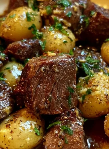 Slow cooker garlic butter beef bites with potatoes served in a bowl