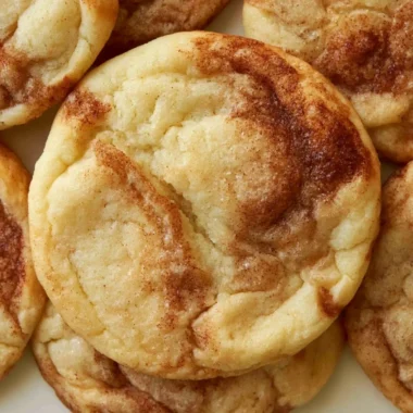 Soft and chewy cinnamon roll cookies on a baking tray, topped with cinnamon sugar.