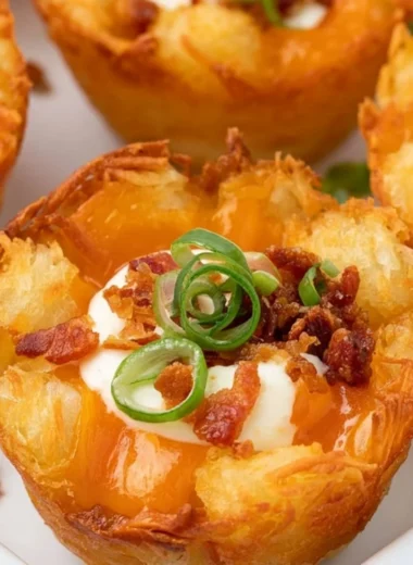 Loaded tater tot cups filled with gooey cheese served as a party appetizer.