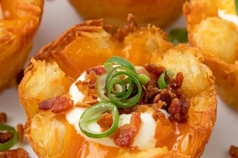 Loaded tater tot cups filled with gooey cheese served as a party appetizer.