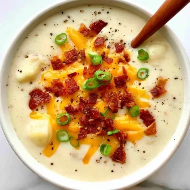 Bowl of creamy loaded potato soup topped with crispy bacon and cheddar cheese.