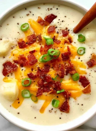 Bowl of creamy loaded potato soup topped with crispy bacon and cheddar cheese.